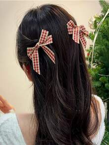 2pcs/4pcs Sweet And Cute Red Plaid Bow Hair Clips - Red - View 5