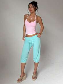 Women Fold Over Waist Capri Joggers,Drawstring Elastic Cuff Cropped Pants,Soft Knit For Summer,Athleisure,Gym,Holiday,Daily Wear - Baby Blue - View 4