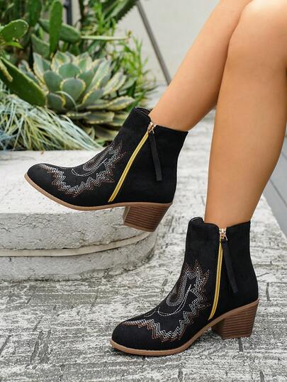 Women's Vintage Suede Side Zipper Embroidered Western Short Boots, Autumn/Winter New Pointed Toe Chunky Heel Versatile Fashion Boots