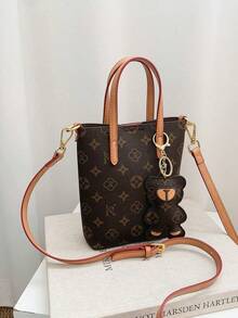 Dedoo Bolsa Tote Mini Transversal Feminina,Bolsa de Mão Monograma Vintage,Pingente de Urso Ferragens Douradas Alça Destacável Leve Bolsa Retrô Diária para Senhoras - Multicolorido - Visão 6