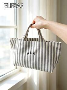 Casual Minimalist Letter Canvas Tote Bag, Striped Pattern Handbag, High Cost-Effective For Outdoor Shopping, Fashion Versatile Suitable For Moms, Students, Office Workers - Grey - View 6