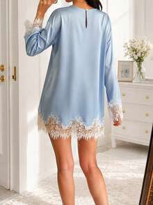Women's Elegant Solid Color Round Neck Long Sleeve Ruffle Hem Simple Fashion Dress - Baby Blue - View 4