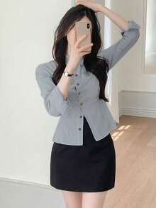 YCYC Solid Color Lapel Women's Casual Versatile Long Sleeve Button-Down Shirt - Grey - View 2