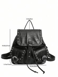 Dedoo Mochila con cordón de unicolor, decoración de remaches, bolsillos delanteros dobles, gran capacidad, bolsa escolar para estudiantes, estilo punk cool de campus - Negro - Ver 4