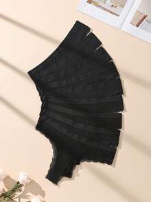 9pcs Black Lace Patchwork Ribbed Cotton Sexy Women's Thong - Black - View 4