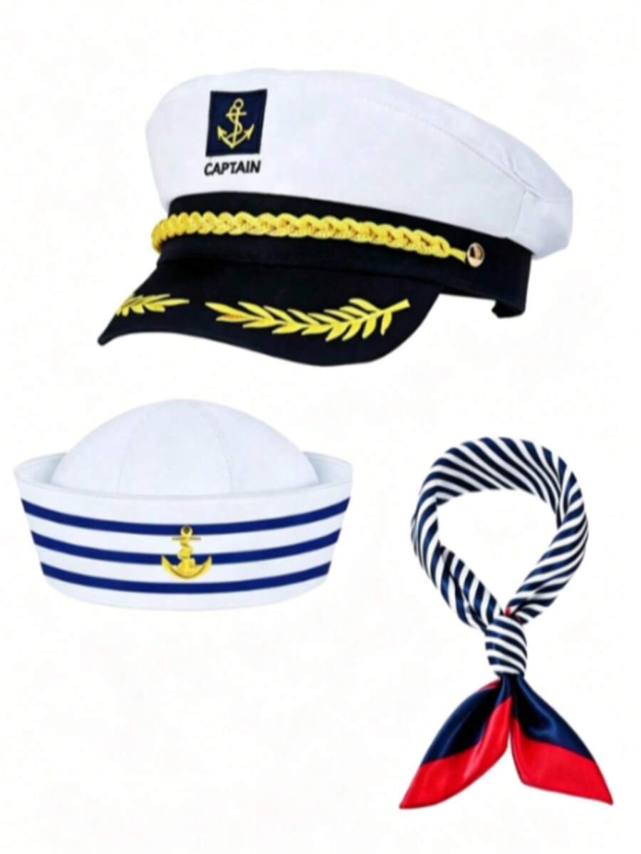 Multi-Piece Set: Captain Hat, Sailor Hat, Unisex Scarf Set; White Gloves; Navy Style Sailor Outfit, Suitable For Yacht Party, Rock Party Or Cosplay Events - Multicolor - View 1