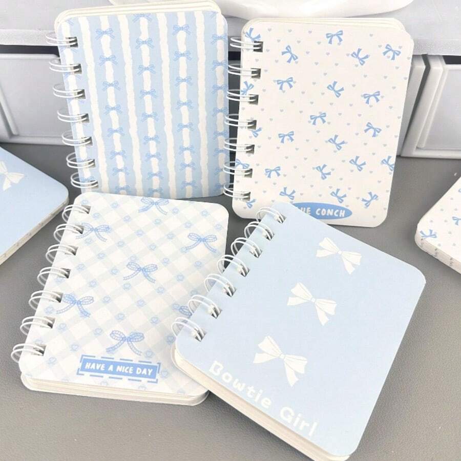 4pcs A7 Spiral Notebooks, Blue Bow, Portable Notebook, Pocket Notebook, Suitable For Daily Notes, Memo, Diary, Desktop, School, Office, Gift For Students, Office Workers, Women, Birthday Gift - Multicolor - View 1