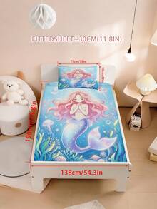 2/3件組女孩海洋公主貼合床單套組，深海卡通床品，30cm深口袋，可愛貝殼水母海星印花床單與枕套，適用兒童臥室 - 彩色 - 查看 13