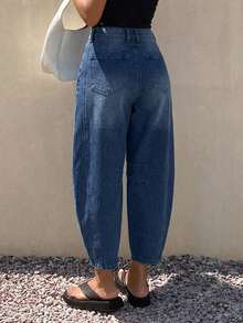 Celana Panjang Wanita Model Longgar Klasik Vintage Biru Model Bucket dengan Kaki Melengkung, Potongan Pendek, Serbaguna untuk Perjalanan Sehari-hari dan Gaya Kasual Musim Gugur - Biru - View 5