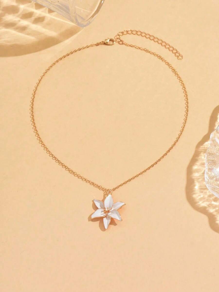 1pc Lily White Flower Delicate Silver Pendant Necklace, Floral Necklace Gift For Birthday, Wedding - Multicolor - View 1