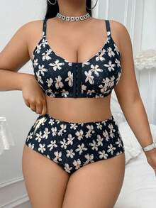 Wireless & Padless Front Closure Floral Print Plus Size Bra Set For Women - Black - View 4