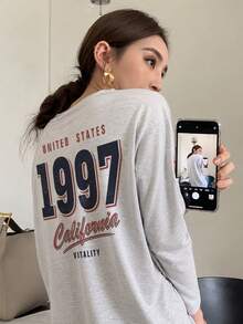 Kaos Lengan Panjang Wanita Gaya Vintage Longgar Serbaguna dengan Motif Cetak Huruf, Model Kasual untuk Musim Semi dan Gugur. - Abu-abu muda - View 4