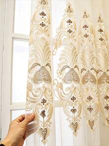1PC Grommet Top European Palace Style Embroidered Sheer Curtain, Elegant Vintage Floral Pattern Embroidered Sheer Curtain, Luxury Villa Living Room Bedroom Beige Floor-Length Sheer Curtain - Beige - View 5