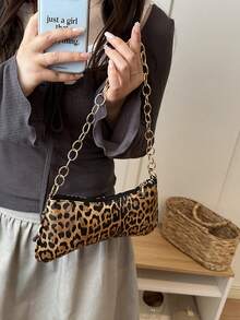 Fashion Leopard Print Chain Baguette Bag Chain Crescent Shoulder Bag Coin Purse - Brown - View 3