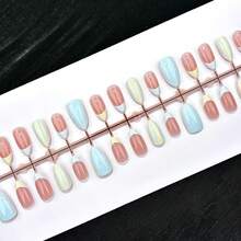 10pcs Yellow & Blue Striped Press-On Nails, Oval Fake Nails, Macaron Dual-Color Design, Soft Yellow & Blue Striped French Pattern, Creating A Fresh & Lively Spring Vibe - Multicolor - View 2
