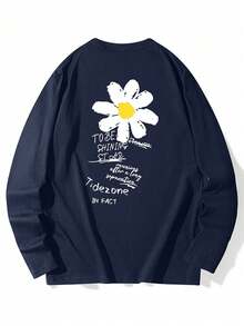Women's Fashion Autumn/Winter Loose Round Neck Casual Street Versatile Daisy Print Long Sleeve T-Shirt - Navy Blue - View 4