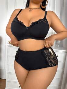 Plus Size Women Knitted Comfortable Lingerie Set - Black - View 5