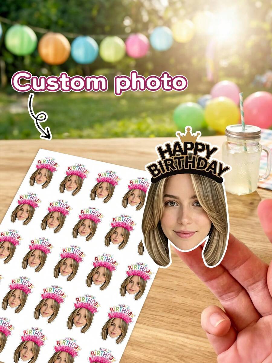 10/25/50pcs Customized Happy Birthday Crown Face Stickers, Personalized Photo Die-Cut Birthday Headband Face Stickers, Custom Photo Portrait Stickers, Girl Birthday Party Favors Cake Box Envelope Seal Decoration - Multicolor - View 1