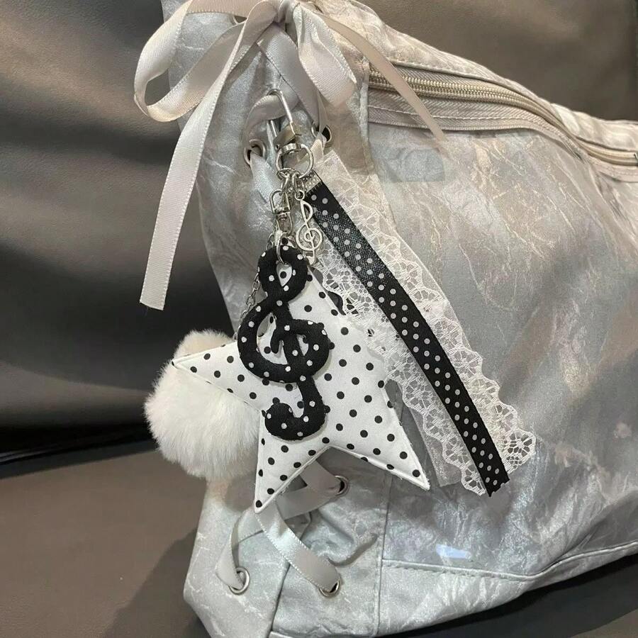 1pc Ins Korean Style Vintage Polka Dot Music Note Stripe Lucky Star Keychain Pendant Bag Accessory - Multicolor - View 1