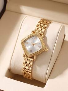 1pc/Set Rhombus Roman Numeral Women's Quartz Watch, Gold Minimalist Steel Band Wristwatch, French Luxury Elegant Niche Fashion Women's Watch, Versatile Elegant Gift Watch For Daily Commute, Party, Fashion, Suitable For Holidays, Birthday Gifts And More - White - View 5
