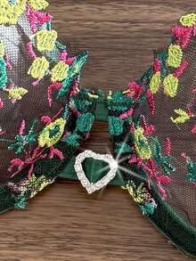2件組女款櫻桃紅迷人優雅刺繡花卉粉色睡衣，半透明網紗鏤空愛心裝飾女款兩件套 - 墨綠色 - 查看 4