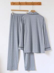 2 Pieces Men's Pajama Set, Cardigan Loungewear Set, Casual Home Wear, Long Sleeve Long Pants Set - Blue - View 2