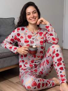 Pijama Longo de Suede Macio Estampado Inverno Blusa Longa e Calça Feminino - coração - Visão 3