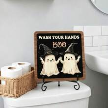 1件鄉村風「Wash Hands Boo」木製裝飾牌，附可愛幽靈與蜘蛛網設計，多功能季節性浴室廚房萬聖節裝飾 - 萬聖節擺飾 - 查看 3