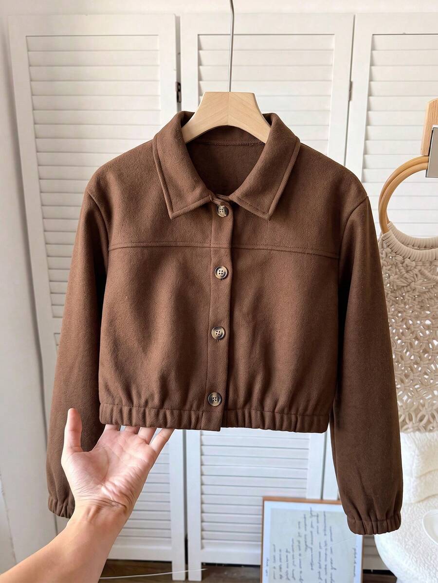 Tween Girl Korean Style Minimalist Elegant Warm Fashion Short Versatile Brown Jacket - Brown - View 1