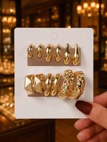 12/18 Pairs Multiple Gold Tone Textured Hoop Earring Set, Vintage Geometric Statement Metal Earrings, Versatile Daily Party Jewelry Gift For Women - Yellow Gold - View 5
