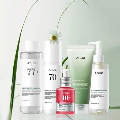 Anua Heartleaf Daily Skincare Set, Cleansing Oil, Foam Cleanser, 77% Toner, 70% Lotion & Niacinamide Serum, Complete K‑Beauty Facial Routine For Calm Clear Skin