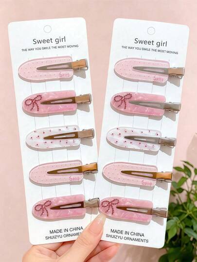 6/2pcs Cute Sweet Style Pink Seamless Alligator Hair Clips Gentle Girly Floral Polka Dot Side Bang Clips Rhinestone Bow Hair Clips For Women, Suitable For Daily Commute, Date, Outing And Other Decorative Styling Hair Accessories,Claw Clips, Aesthetic