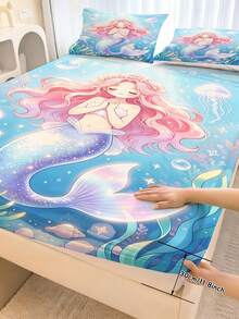 2/3件組女孩海洋公主貼合床單套組，深海卡通床品，30cm深口袋，可愛貝殼水母海星印花床單與枕套，適用兒童臥室 - 彩色 - 查看 1