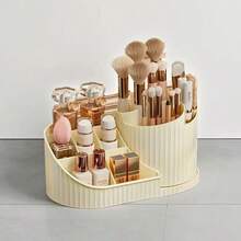 Mini 360° Rotating Cosmetic Storage Box And Desktop Pen Holder Stationery, Available In White, Pink And Cream, Plastic Cosmetic Storage Rack, Multi-Functional Holder For Brushes, Lipsticks, Skincare Products And Stationery - Durable, Odorless, Desktop Friendly, Space-Saving Cosmetic Storage With Elegant Design - View 5