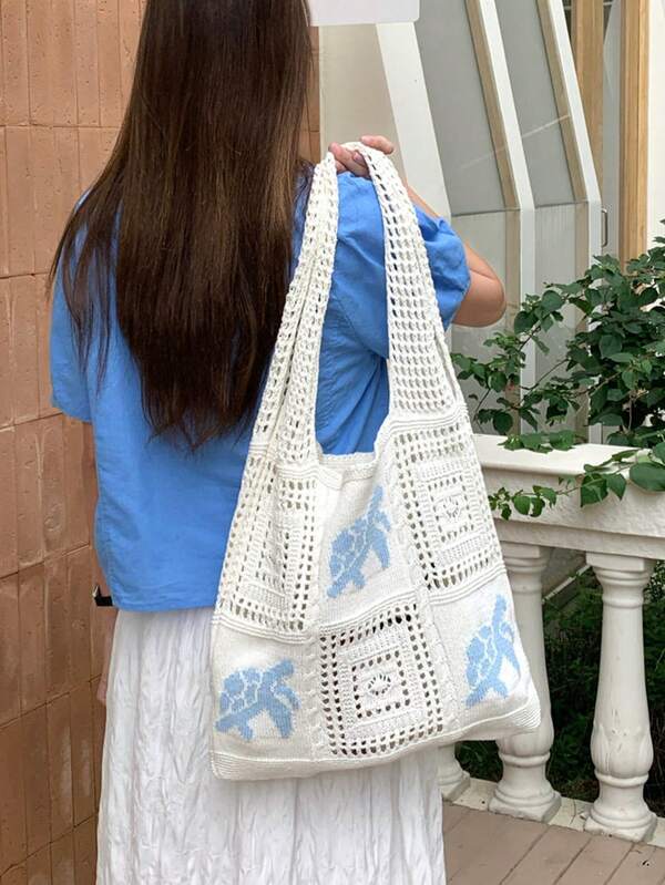 Women's Summer Beach Tote Bag, Crochet Design, Turtle Pattern, Large Capacity Open Handle, Suitable For Casual Outings And Beach Vacations, Bohemian Style