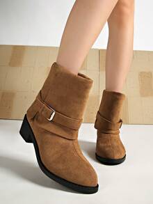 Buckle Strap Suede Mid-Calf Boots, Plus Size Wide Fit Pointed Toe Vintage Casual Women's Ankle Boots - Brownish Yellow - View 4