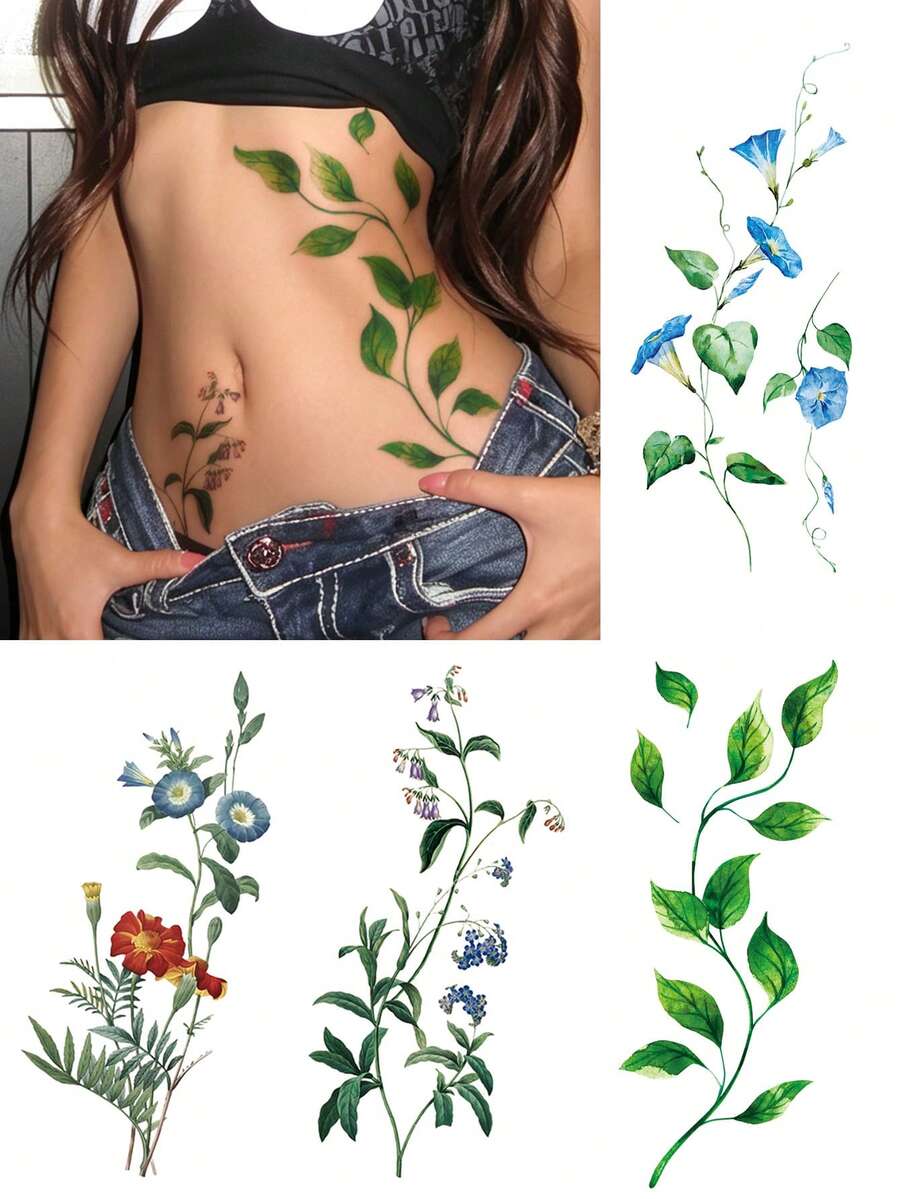 4PCS Multicolor Mori Style Fresh Plant Floral Vine Pattern Party Gift DIY Holiday Gift Temporary Waterproof Tattoo Stickers For Arm, Waist, Abdomen, Shoulder, Back, Leg - Multicolor - View 1