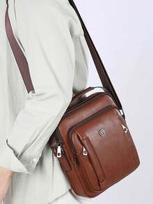 1pc Men's Vintage PU Crossbody Bag, Multi-Compartment Large Capacity Handbag, Business Commute Shopping One Shoulder Small Backpack - Crossbody Bag - View 11