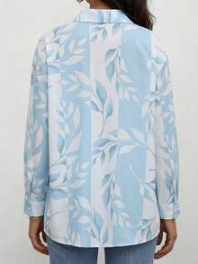 Plus Size Women Fashion Printed Lapel Rolled Sleeve Long Sleeve Shirt Half Button Front Blouse - Baby Blue - View 2