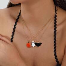 3pcs Halloween Multi-Layer Stacked Necklaces, Pumpkin Ghost Bat Oil Drop Pendant, Women's Holiday Party Decorative Collarbone Chain - Multicolor - View 2