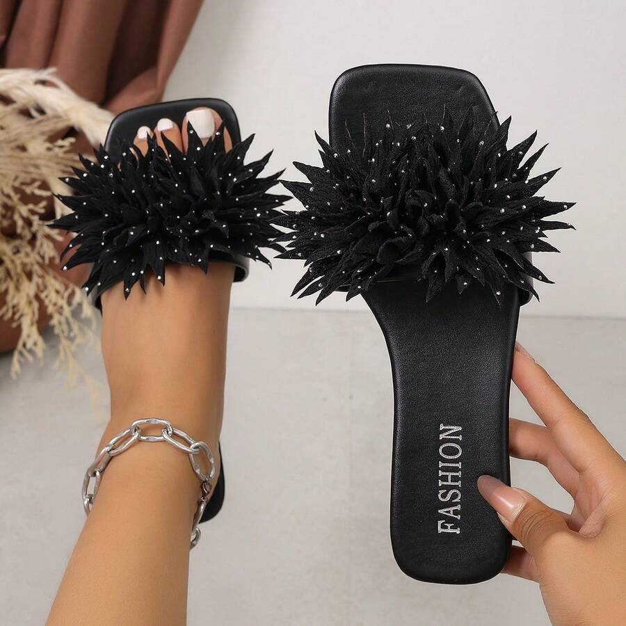 3D Rhinestone Floral Square Toe Flat Slides For Women, Beach Dress Outfit For Seaside Vacation Photos - Black - View 1