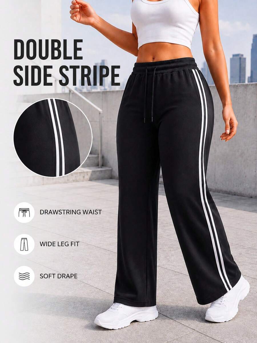 Women Black Wide Leg Pants With Drawstring Elastic Waist And Double Side Stripes Casual Full Length Trousers For Daily Wear - Black - View 1