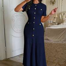 Elegant Temperament Pure Color Short Sleeve Hip Skirt Dress Women's Dress - 藏蓝色 - 查看 1