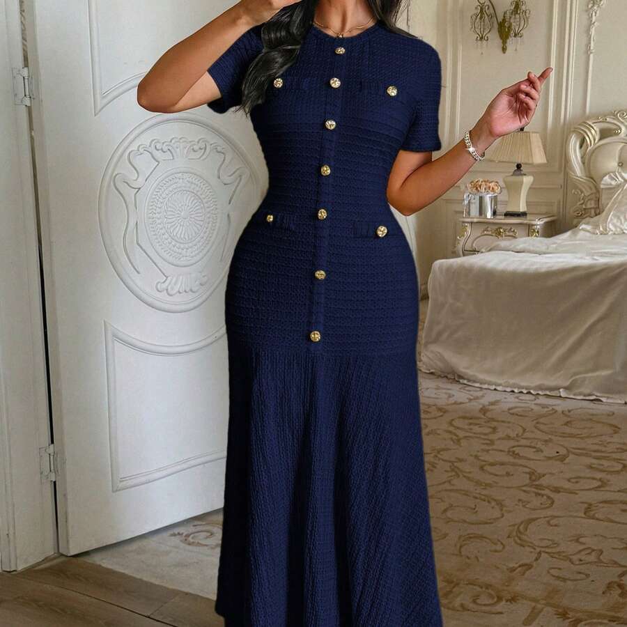 Elegant Temperament Pure Color Short Sleeve Hip Skirt Dress Women's Dress - 藏蓝色 - 查看 1