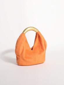 1pc Orange Textured Velvet Ruffled Design Vintage Metal Hardware Handbag, Exquisite Fashion Zipper Bucket Bag Suitable For Commuting And Shopping - Orange - View 3