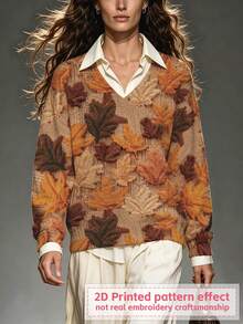 Women's Autumn V-Neck Pullover Knit Sweater, Vintage Maple Leaf Print, Eye-Catching Outfit For Outings - Multicolor - View 1