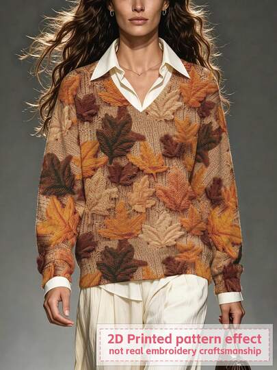 Women's Autumn V-Neck Pullover Knit Sweater, Vintage Maple Leaf Print, Eye-Catching Outfit For Outings