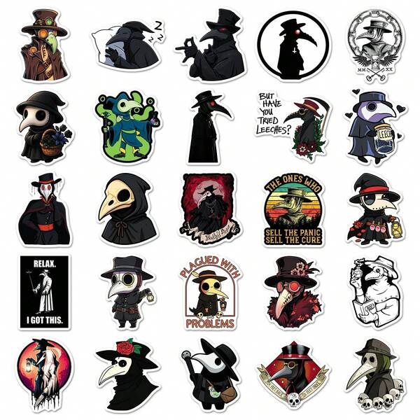 50pcs Plague Doctor Stickers, Vintage Ins Style, 2D Fantasy, Y2K Downtown Aesthetic, Fun Stickers, 80s 90s Anime Stickers, Suitable For Scrapbooking, Water Bottles, Laptops, Luggage, Halloween Christmas Party Decoration