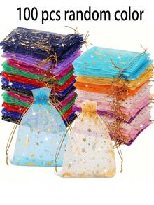 100/50/30/10pcs/Set Star & Moon Organza Drawstring Gift Bags, Gold Glitter Transparent Mesh Bags, Multicolor Transparent Organza Candy Jewelry Packaging Bags, Suitable For Wedding Party Holiday Favors - Multicolor - View 9