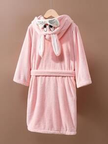 Bata de baño suave, absorbente y linda con diseño 3D de conejo para niñas preadolescentes, adecuada para primavera, otoño e invierno - Rosa - Ver 1